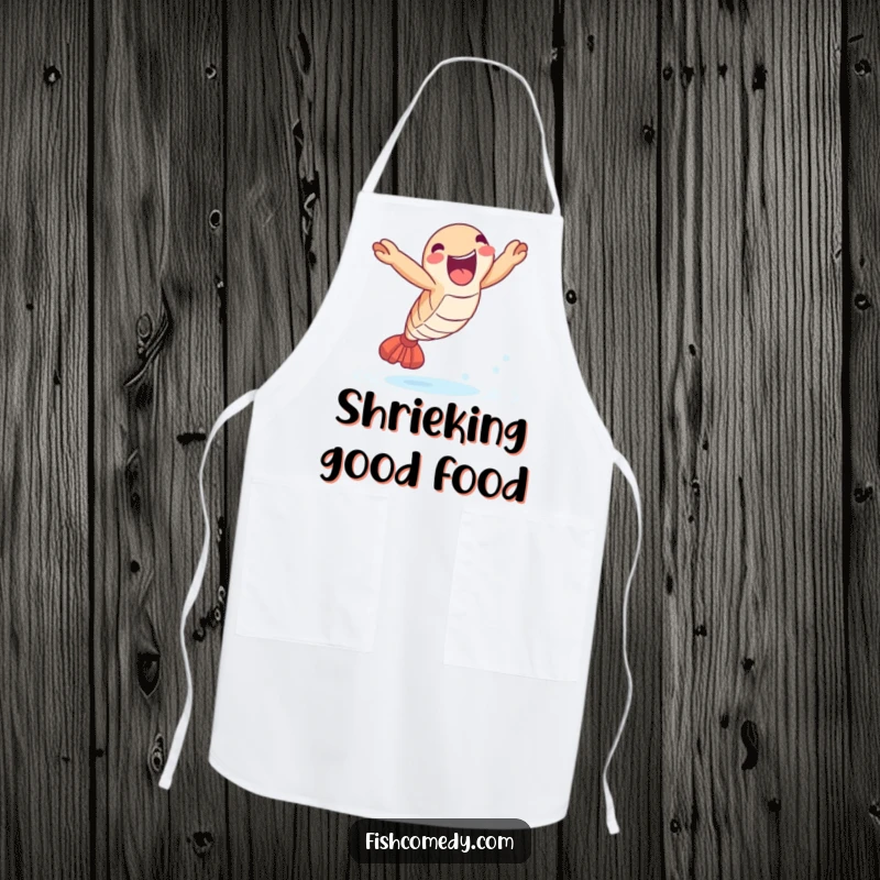 Funny Shrimp Leap Apron: A delighted shrimp leaps joyfully out of the water, ideal for kitchen fun and a funny gift.