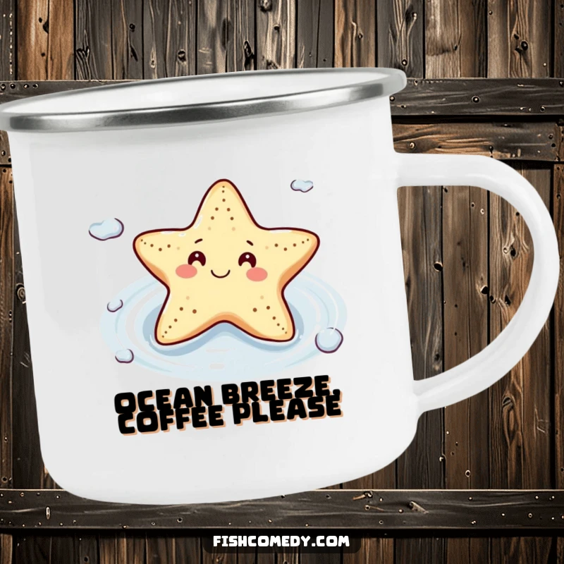 Funny Starfish Camping Mug: A smiling starfish floats contentedly on a gentle current, a durable and humorous mug for outdoor enthusiasts.