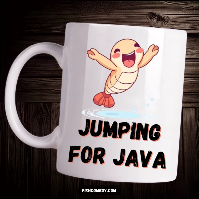 Funny Shrimp Leap Mug: A delighted shrimp leaps joyfully out of the water, ideal for seafood lovers and a funny gift.