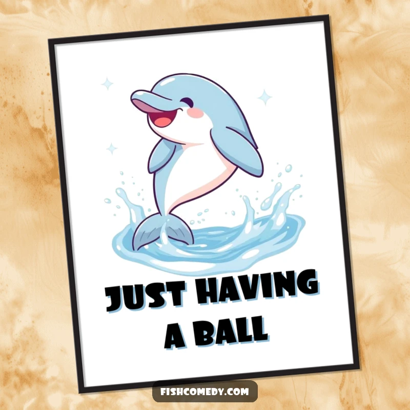 Funny Dolphin Digital Art Print: A giggling dolphin leaps and splashes in sparkling water, offering a vibrant and humorous downloadable artwork.