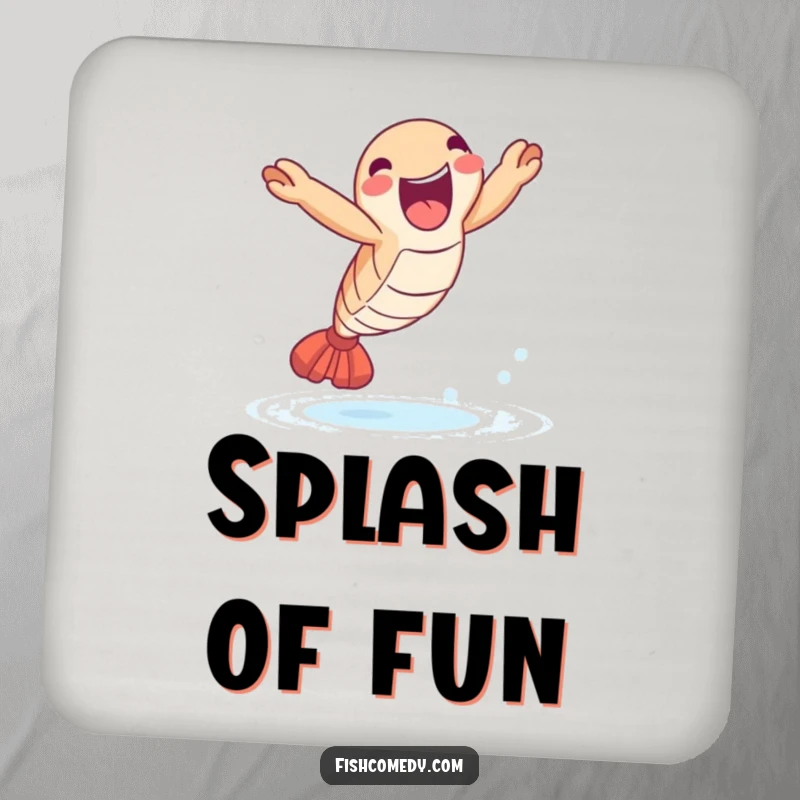 Funny Shrimp Leap Coaster: A delighted shrimp leaps joyfully out of the water, protecting surfaces with funny seafood art.