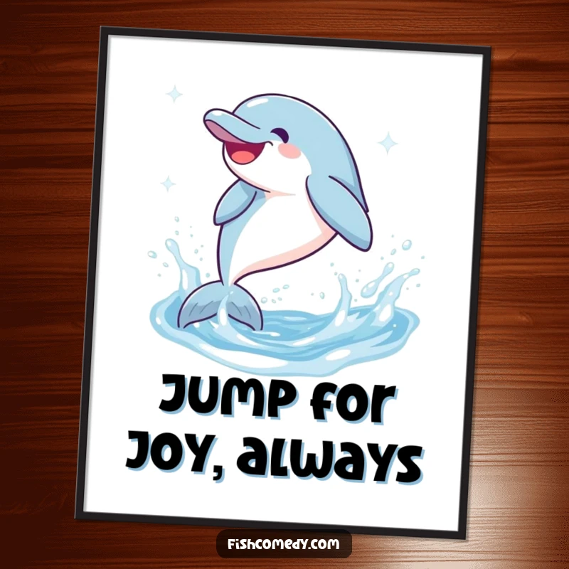 Funny Dolphin Poster: A giggling dolphin leaps and splashes in sparkling water, creating a dynamic and humorous piece of ocean-themed wall art.