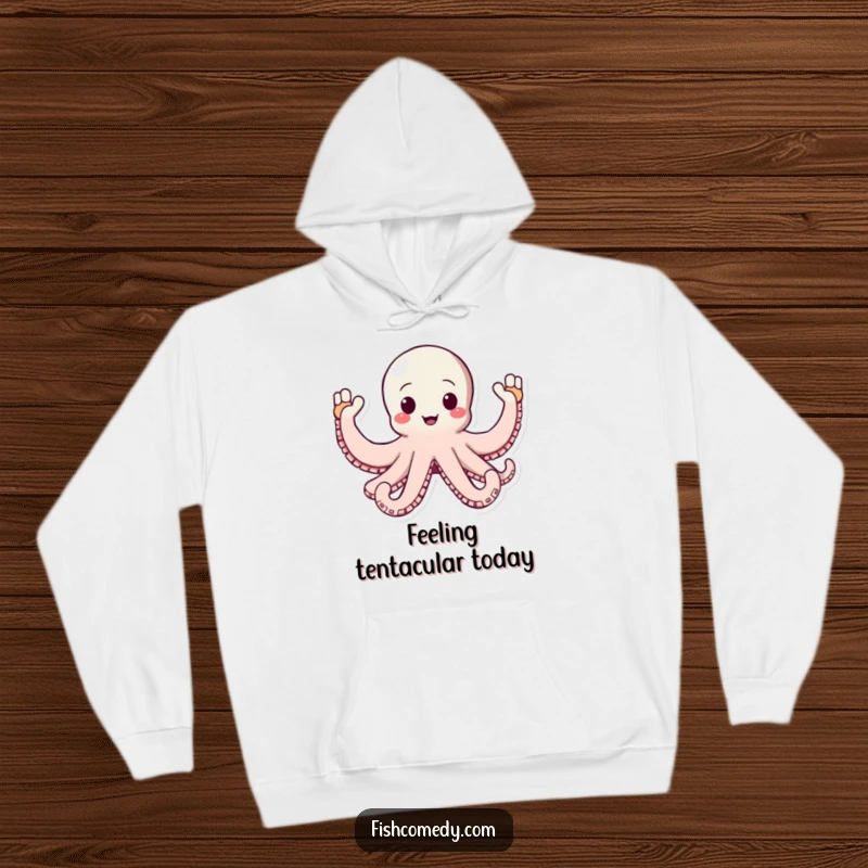 Funny Octopus Hoodie: A happy octopus waves all its arms enthusiastically, providing a cozy and humorous addition to any wardrobe.