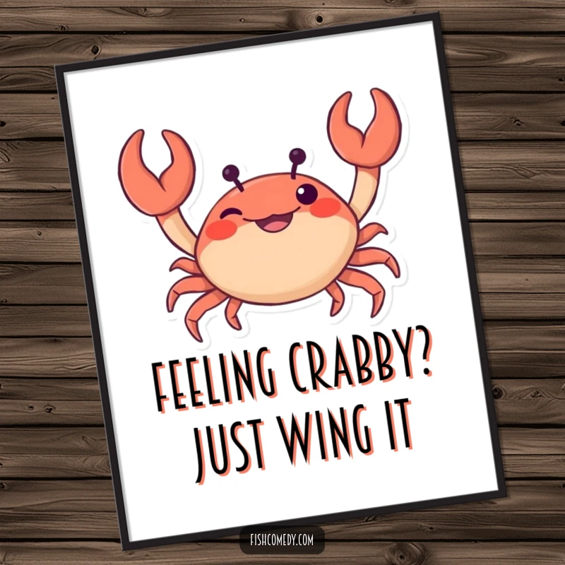 Funny free printable wall art of a curious crab wiggling its claws with mischievous glee, adding humor to any decor.