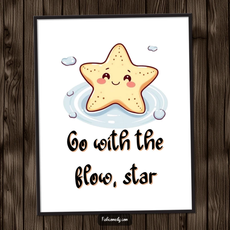 Funny free printable wall art of a smiling starfish floating contentedly on a gentle current, exuding coastal calm.