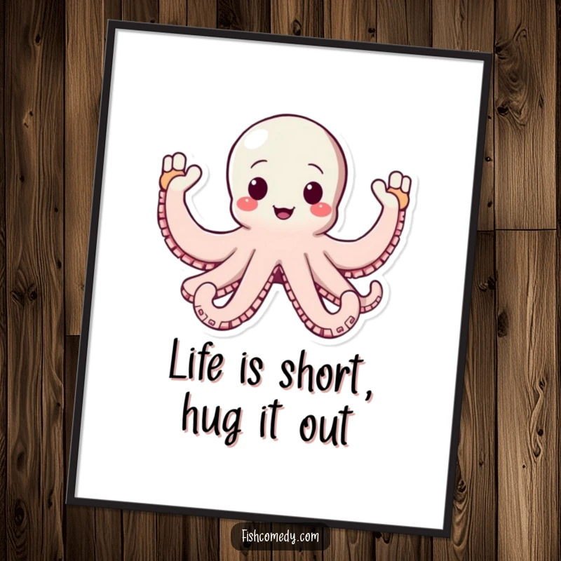 Funny free printable wall art of a happy octopus waving all its arms with infectious enthusiasm and joy.