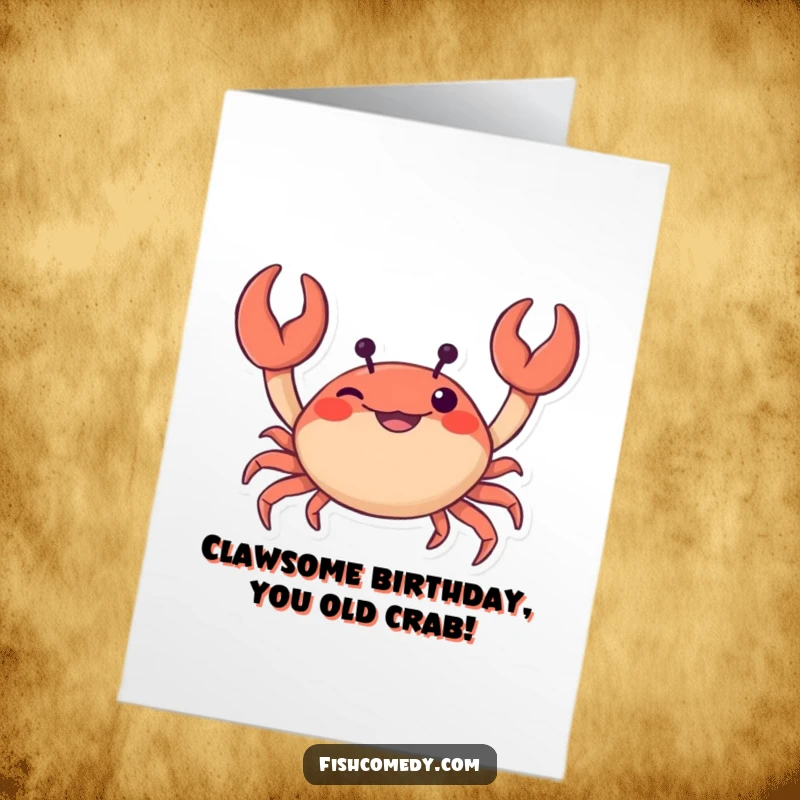 Funny free printable birthday card featuring a curious crab wiggling its claws with pure mischievous glee, ready to celebrate.