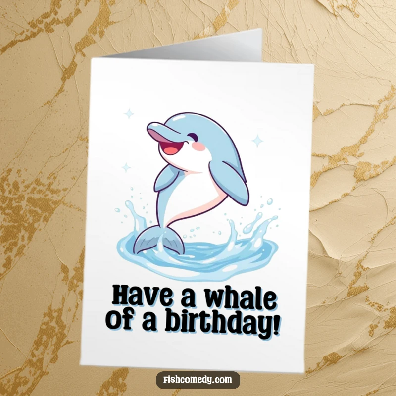 Funny free printable birthday card featuring a giggling dolphin leaping and splashing joyfully in sparkling ocean water.