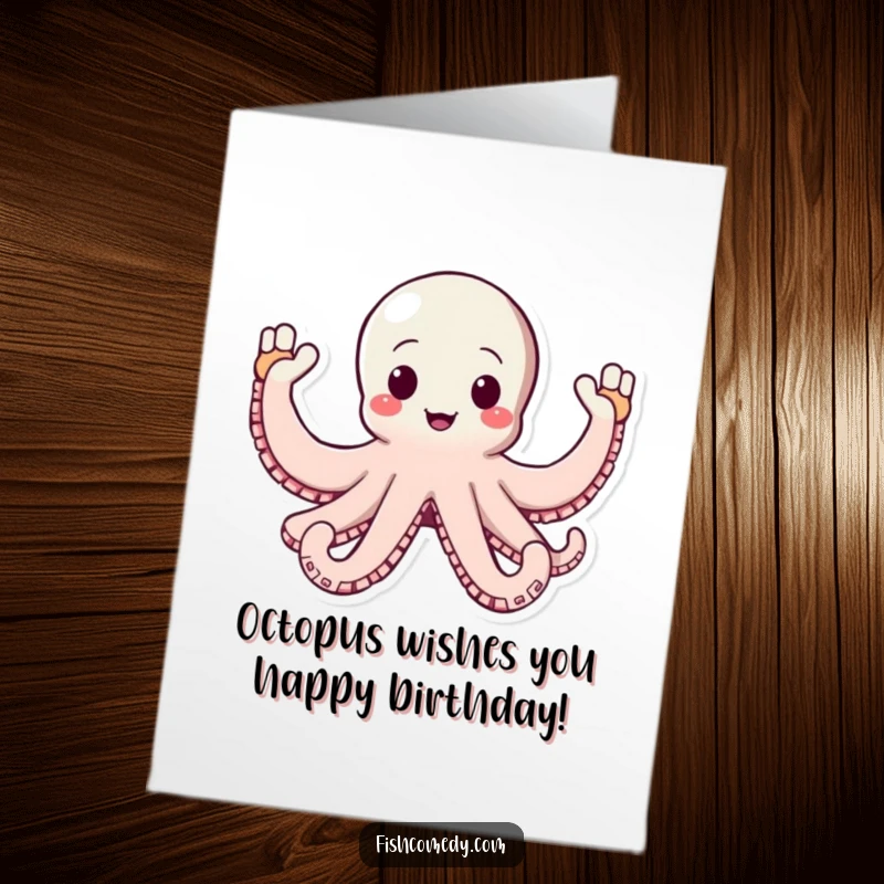 Funny free printable birthday card featuring a happy octopus enthusiastically waving all eight arms in a grand greeting.
