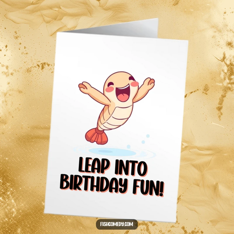 Funny Free Printable Birthday Card: A delighted shrimp leaps joyfully high out of the water, celebrating.