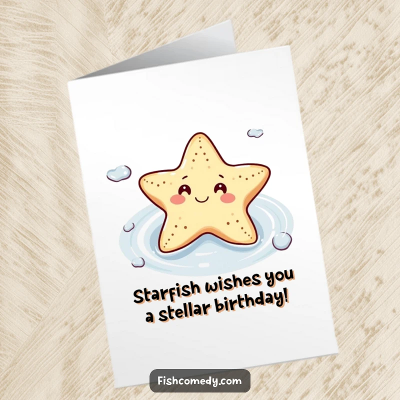 Funny free printable birthday card featuring a smiling starfish floating contentedly on a gentle ocean current, wishing a happy day.