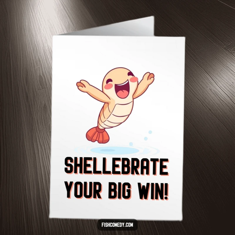 Funny Free Printable Congratulations Card: A delighted shrimp leaps out of the water, embodying pure joy and achievement.