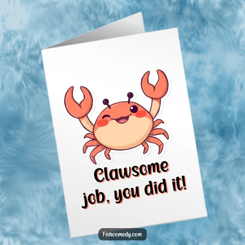 Free printable congratulations card with a funny crab wiggling its claws mischievously, perfect for celebrating wins.