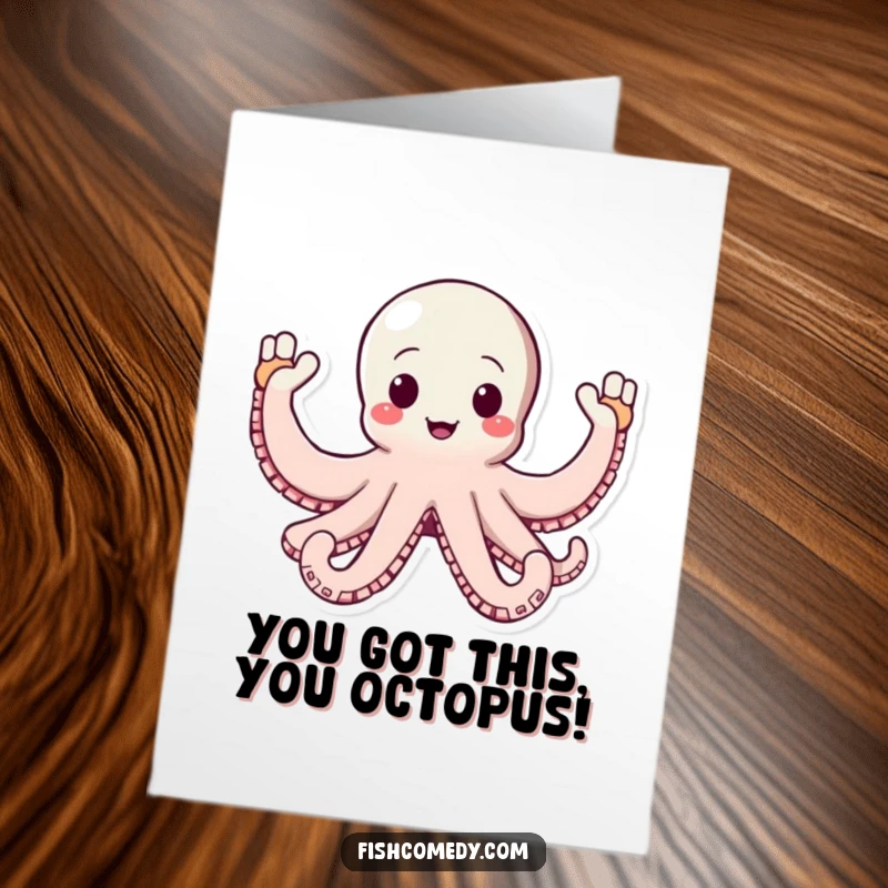 Free printable congratulations card with a happy octopus waving all eight arms energetically, perfect for celebrating success.
