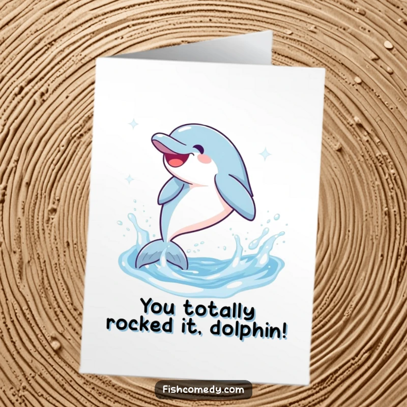 Free printable congratulations card with a giggling dolphin leaping and splashing playfully in sparkling water, celebrating wins.