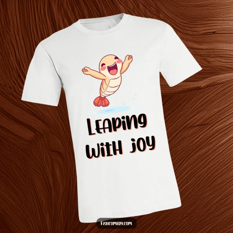 Funny Shrimp Leap T-Shirt: A delighted shrimp leaps joyfully out of the water, perfect for seafood lovers and a funny tee.