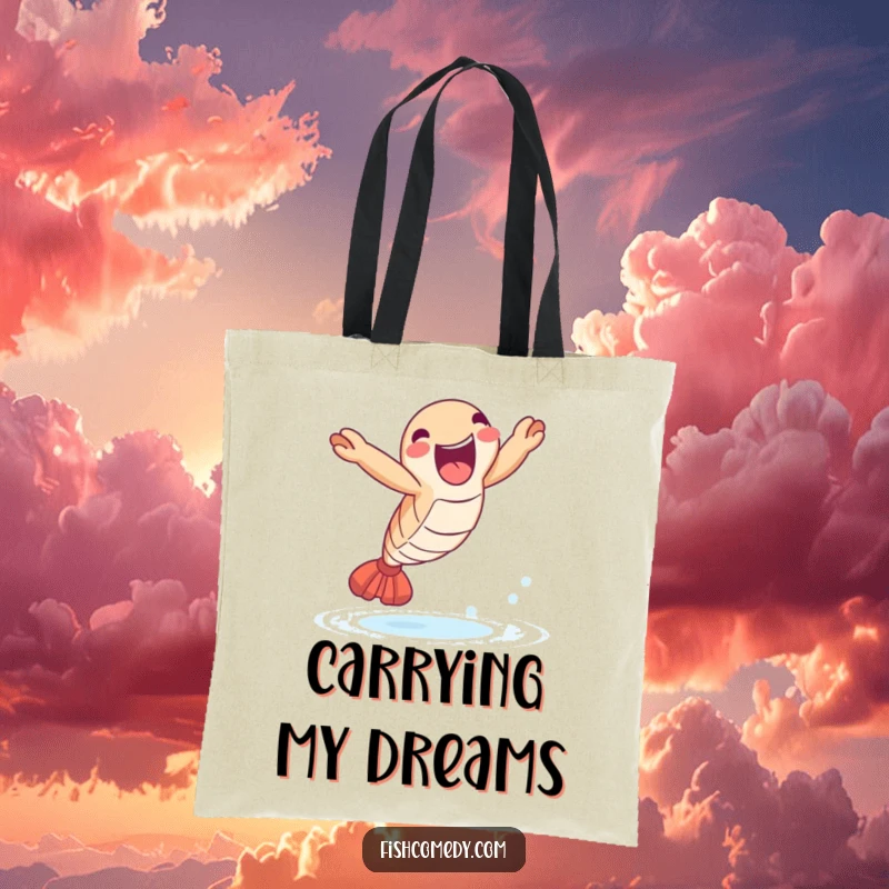 Funny Shrimp Leap Tote Bag: A delighted shrimp leaps joyfully out of the water, ideal for shopping and funny gifts.